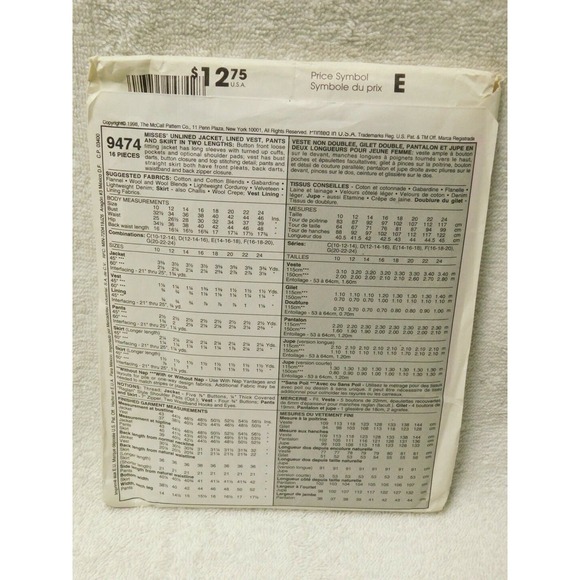 Jacket Vest Pants Skirt McCALLS 9474 Career Work Sewing Pattern Size 12-16 - Picture 2 of 6